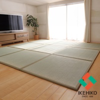 淺綠色藺草材質的組合式榻榻米地墊，鋪設在木地板上，可見多塊地墊拼接成大面積，旁邊有電視櫃、盆栽及落地窗。