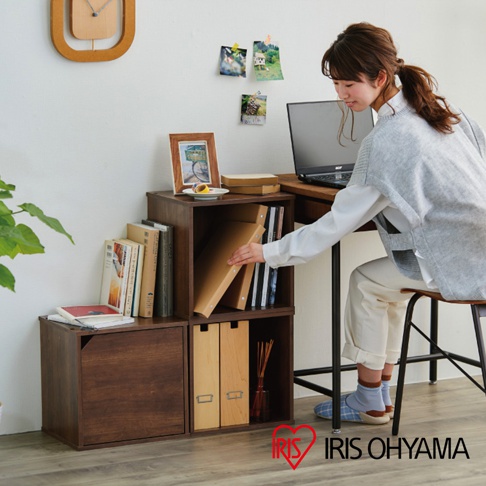 深棕色立方體組合收納櫃，由木質材料製成，展示了不同尺寸的儲物空間，可容納書籍、文件夾等物品。