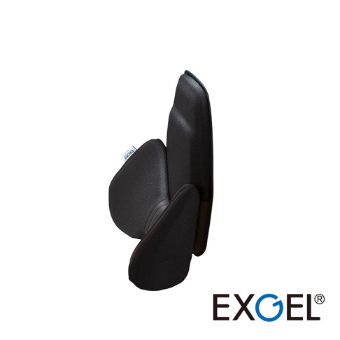 黑色EXGEL汽車用背墊，由多個弧形支撐墊組成，具有透氣材質和人體工學設計，提供腰部和背部支撐。