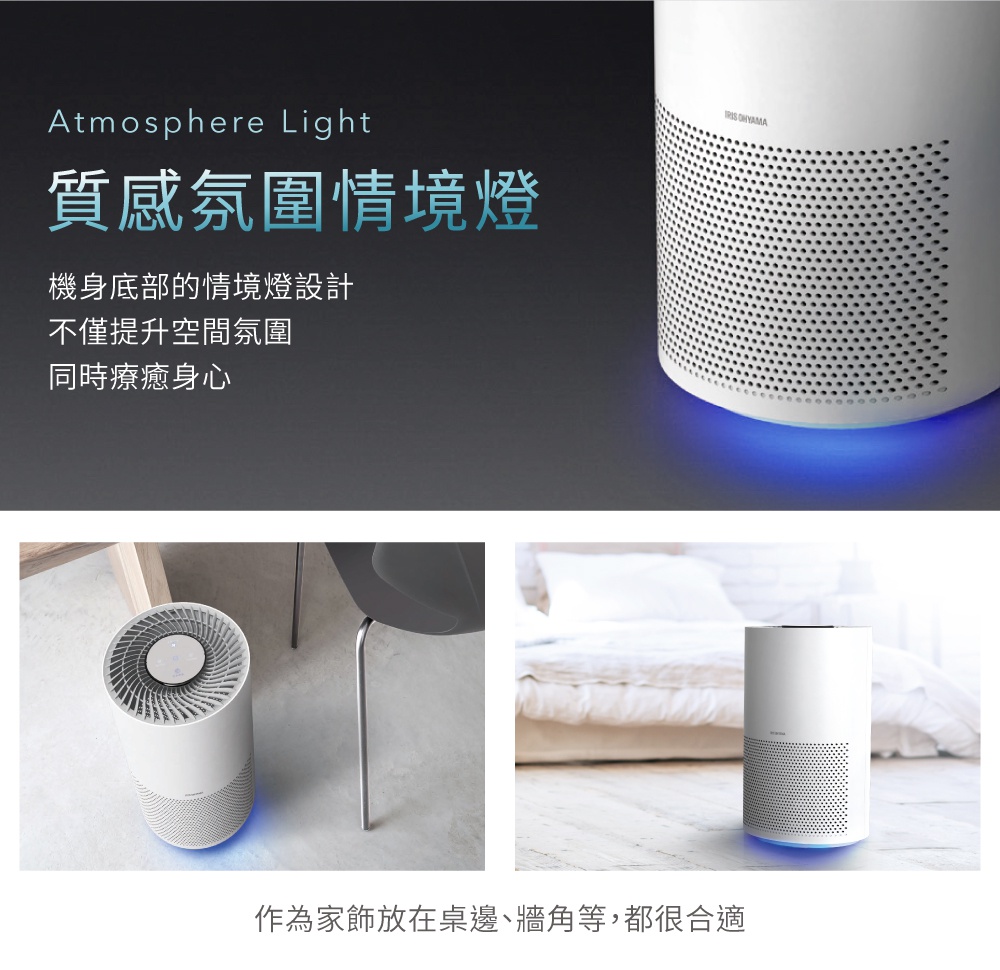高效率空氣清淨機 IAP-A35，白色圓柱形機身，頂部有圓形出風口，側面布滿細小圓孔，底部有藍色情境燈光，適合居家擺設。