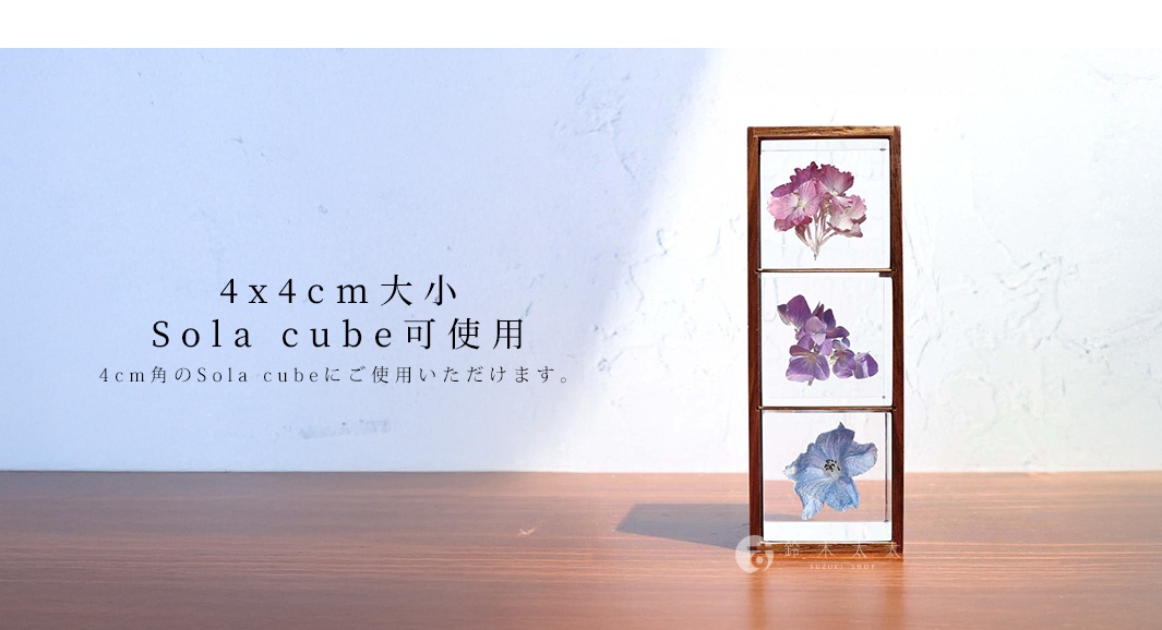 木質框架內嵌三層透明隔間，每層皆封存一朵乾燥花，從上至下分別為粉紅色、紫色和藍色花朵。