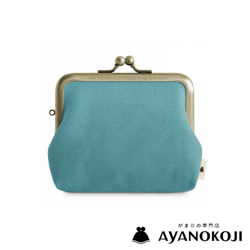 Ayanokoji 品牌京都職人手作純棉帆布3.5吋口金零錢包，藍綠色，正面特寫。