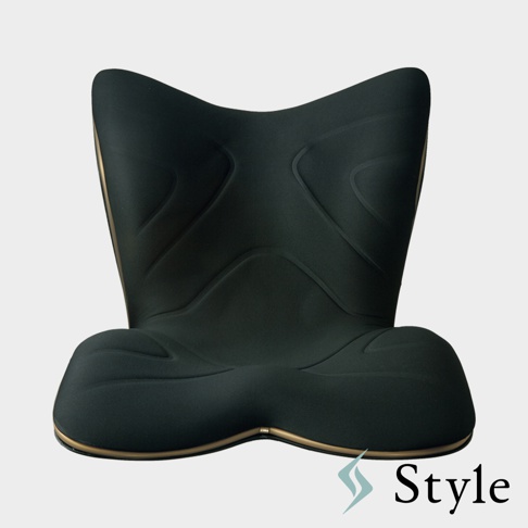 PREMIUM 舒適豪華調整椅，黑色布面，椅背與坐墊有曲線壓紋設計，椅邊帶有金色飾條。