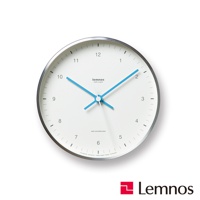 Mizuiro時鐘，圓形白色錶盤，配有銀色邊框，藍色時針、分針和秒針。錶盤上有黑色數字刻度和細長的黑色刻度線。