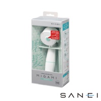 MIGAMI 兩段式水流專髮按摩蓮蓬頭標準款，白色機身搭配淺藍色繫，蓮蓬頭為圓形，設有綠色出水孔，包裝盒上印有產品名稱及日文說明。