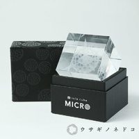 透明立方體內雷射雕刻有噬菌體T4結構，置於黑色展示盒上，旁邊為印有圓形紋飾的黑色紙盒。