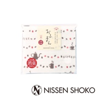 日系風格的廚房拭巾，白色棉紗材質，印有咖啡豆、咖啡壺和咖啡杯圖案，並標示「消臭抗菌」字樣。