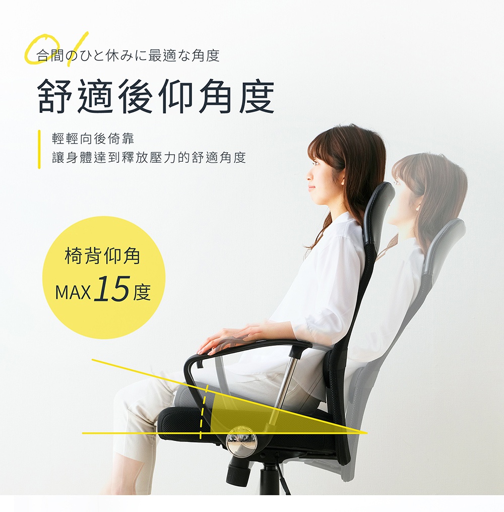 女士坐在網布辦公椅上，顯示椅背最大可傾斜15度，適合休息的舒適角度。