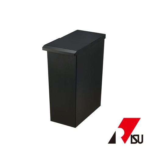 TOSTE 簡約設計風格按壓雙開型分類垃圾桶，黑色，30公升容量，材質為塑膠，方形直立式設計，頂部有兩個可按壓開啟的獨立艙蓋。