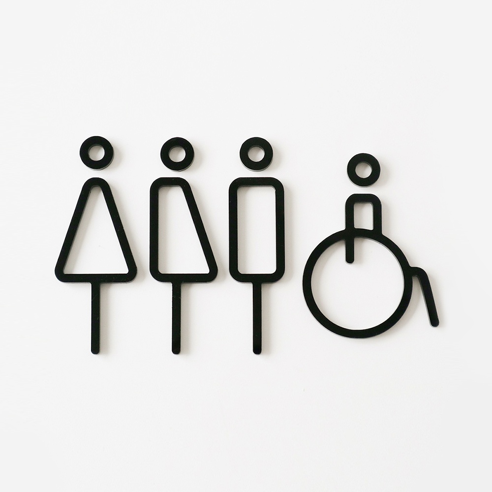 四入組廁所標示牌，包含女性、男性、無性別廁所圖示及輪椅使用者圖示，皆為黑色簡約線條設計，材質為壓克力。