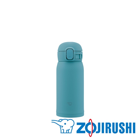 藍綠色不鏽鋼一體式中栓彈蓋式真空保溫保冷杯，杯身光滑，瓶蓋為淺藍色，帶有彈開按鈕和鎖定裝置。