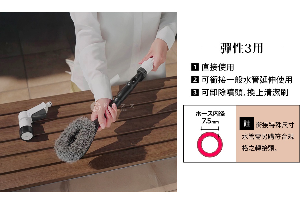 圖片文字：彈性3用，1直接使用，2可銜接一般水管延伸使用，3可卸除噴頭，換上清潔刷，ホース内径7.5mm，註：銜接特殊尺寸水管需另購符合規格之轉接頭。