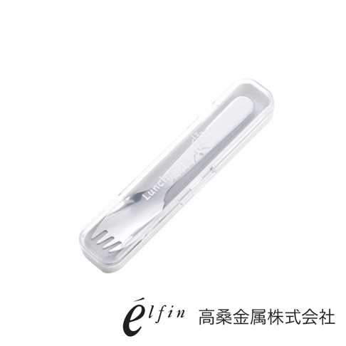 日製不鏽鋼叉匙組，內含兩件銀色不鏽鋼餐具（叉子和湯匙），置於透明收納盒內。叉子有四個齒，湯匙為圓弧形。