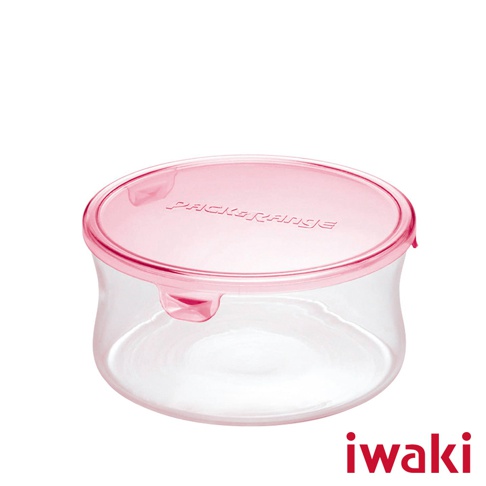 耐熱玻璃圓形保鮮盒，底部為透明玻璃材質，搭配粉紅色透明塑膠蓋，蓋面印有「PACK&RANGE」字樣。