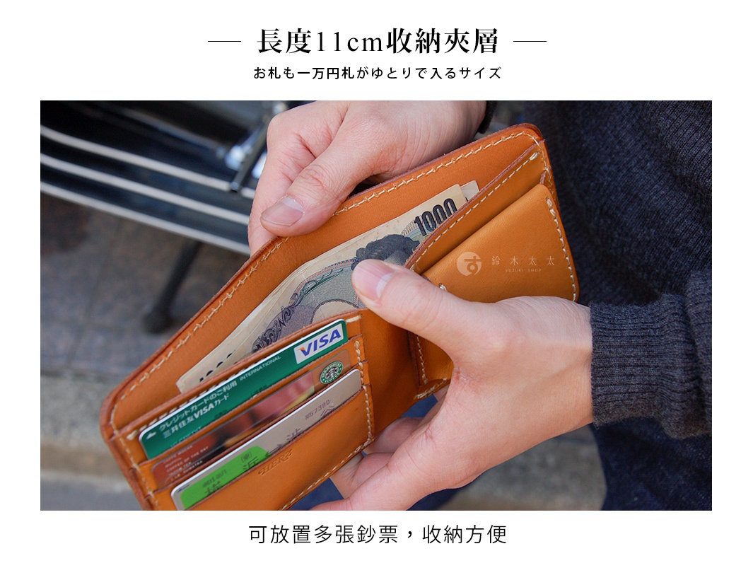 職人手作皮革經典雙折短夾，展示為棕褐色皮革材質，內有鈔票和多張信用卡，例如 VISA 卡。