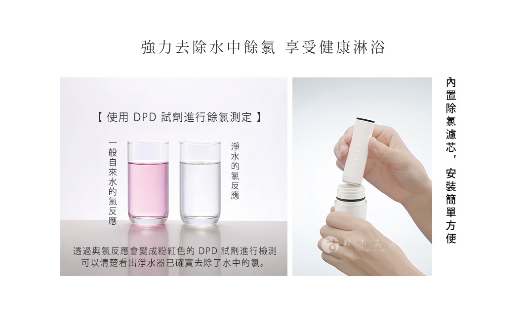 圖片文字：強力去除水中餘氯 享受健康淋浴 使用DPD試劑進行餘氯測定 一般自來水的氯反應 淨水的氯反應 透過與氯反應會變成粉紅色的DPD試劑進行檢測 可以清楚看出淨水器已確實去除了水中的氯 內置除氯濾芯 安裝簡單方便