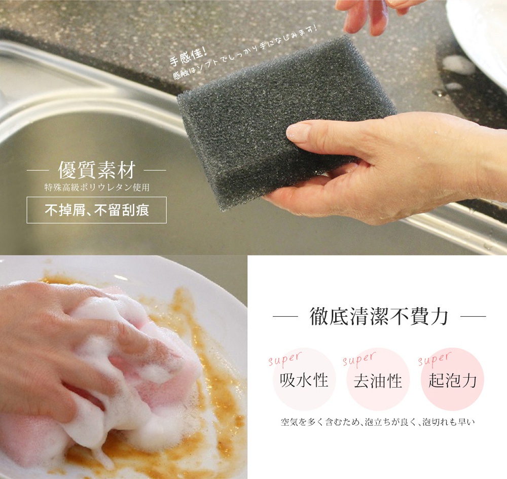 圖片文字：手感佳！感觸是ソフトでしっかり手に馴染みます！優質素材，特殊高級ポリウレタン使用，不掉屑、不留刮痕。徹底清潔不費力，super 吸水性，super 去油性，super 起泡力。空氣を多く含むため、泡立ちが良く、泡切れも早い。