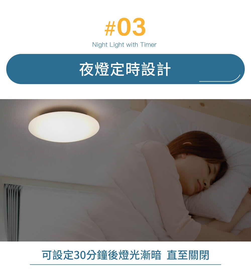 LED可調光調色圓盤吸頂燈，白色圓形燈具安裝於天花板，散發柔和光線，下方臥室內有一名女子安睡。