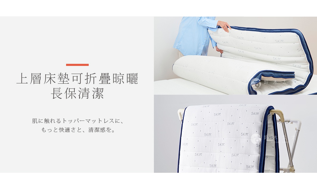 白色雙人加大獨立筒美容床墊，表面印有「SKIN」字樣與細小點狀紋路，床墊邊緣有深藍色滾邊，可折疊展示其分層設計。