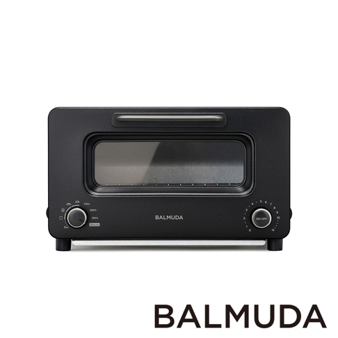 黑色 BALMUDA The Toaster Pro 蒸氣烤麵包機專業版 K11C-SE，配有銀色把手和控制旋鈕，正面有玻璃觀察窗和品牌標誌。