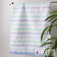 今治小花毛巾，白色基底，織有藍色及淺綠色條紋，並點綴著小花圖案及圓圈紋理。毛巾下方有一條淺藍色滾邊，印有白色圓點。