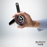 手持不鏽鋼濾酒隔冰匙，短柄設計，銀色金屬材質，濾網孔洞細緻，正用於過濾液體。