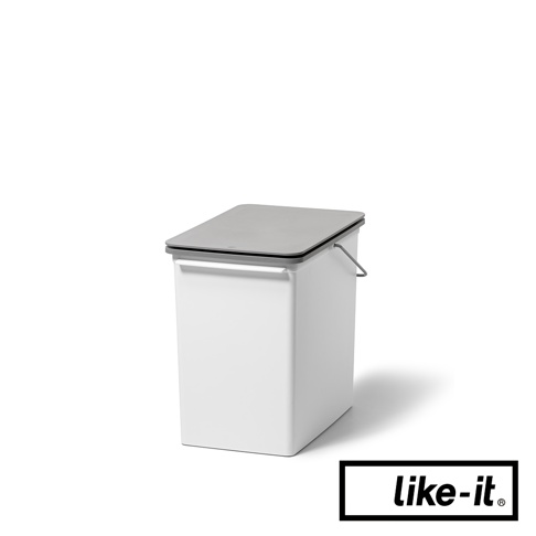 白色矮版掀蓋式垃圾桶，配有灰色頂蓋和銀色金屬提把，整體呈長方形設計。