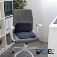 深灰色透氣網布製成的腰靠坐墊，帶有紅色滾邊，放置於灰色辦公椅上，椅背和坐墊皆有縫線設計。