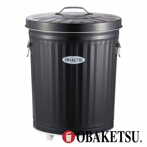 OBAKETSU 品牌手工製黑色附輪垃圾桶，帶有圓形蓋子和提把