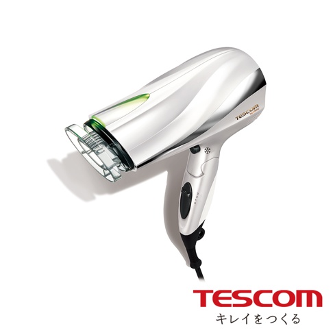 TID2200防靜電大風量吹風機（珍珠白）的特寫，展示了其光滑的珍珠白色機身，帶有綠色指示燈和可拆卸的風嘴。