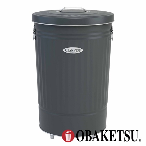 OBAKETSU 品牌手工製附輪垃圾桶，灰色鍍鋅鋼材質，附有蓋子和腳輪，適合室內外使用。