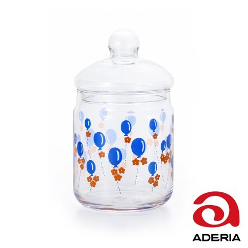 昭和復古玻璃儲物罐，罐身帶有藍色氣球和橘色小花的圖案，配有玻璃蓋。