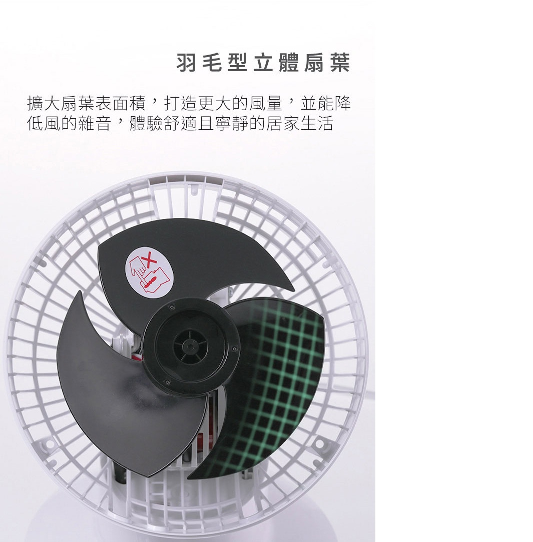 白色網狀外殼的空氣循環扇，內部有三個黑色扇葉，其中一個扇葉上有綠色網格紋路。