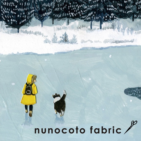 無框帆布藝術海報，描繪一位穿著黃色連帽外套、背著黑色背包的小孩，與一隻黑白相間的狗狗站在結冰的湖面上。背景是覆蓋著白雪的冬季森林，以手繪風格呈現。