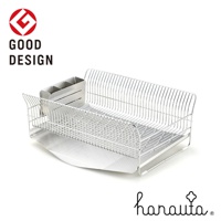 銀色不鏽鋼碗碟架，附有可拆卸的餐具收納盒和一個平坦的瀝水盤，整體設計簡潔，適合放置於檯面。