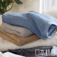 堆疊的飯店毛巾，有藍色、淺灰色、卡其色和白色。毛巾材質柔軟，表面有細緻的毛圈，邊緣有縫線。