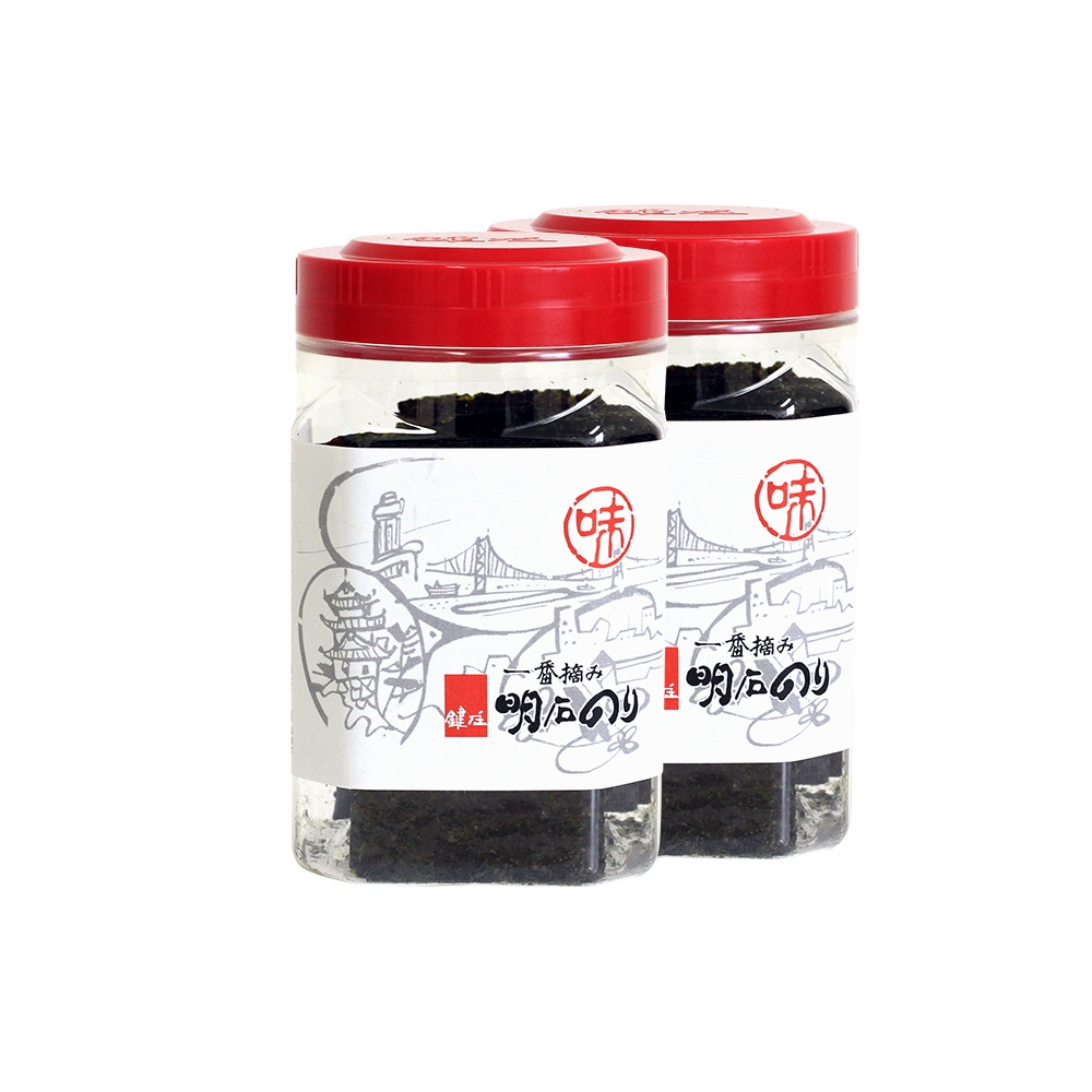 兩個透明塑膠罐裝著調味海苔，罐身貼有白色標籤，標籤上有紅色「味」字圖案、日文產品說明及日式建築與橋樑的線條畫。罐蓋為紅色。