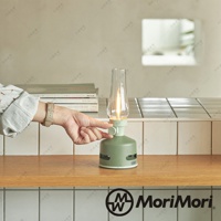 淺綠色煤油燈造型藍牙音響，玻璃燈罩內有LED燈，底部有網狀喇叭孔，一只戴著米色錶帶手錶的手正操作音響的旋鈕。