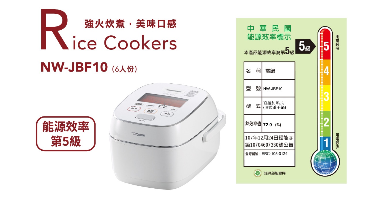 白色鐵器塗層白金厚釜壓力IH電子鍋，型號NW-JBF10，具有直火加熱式(IH式電子鍋)功能，能源效率等級為第5級。