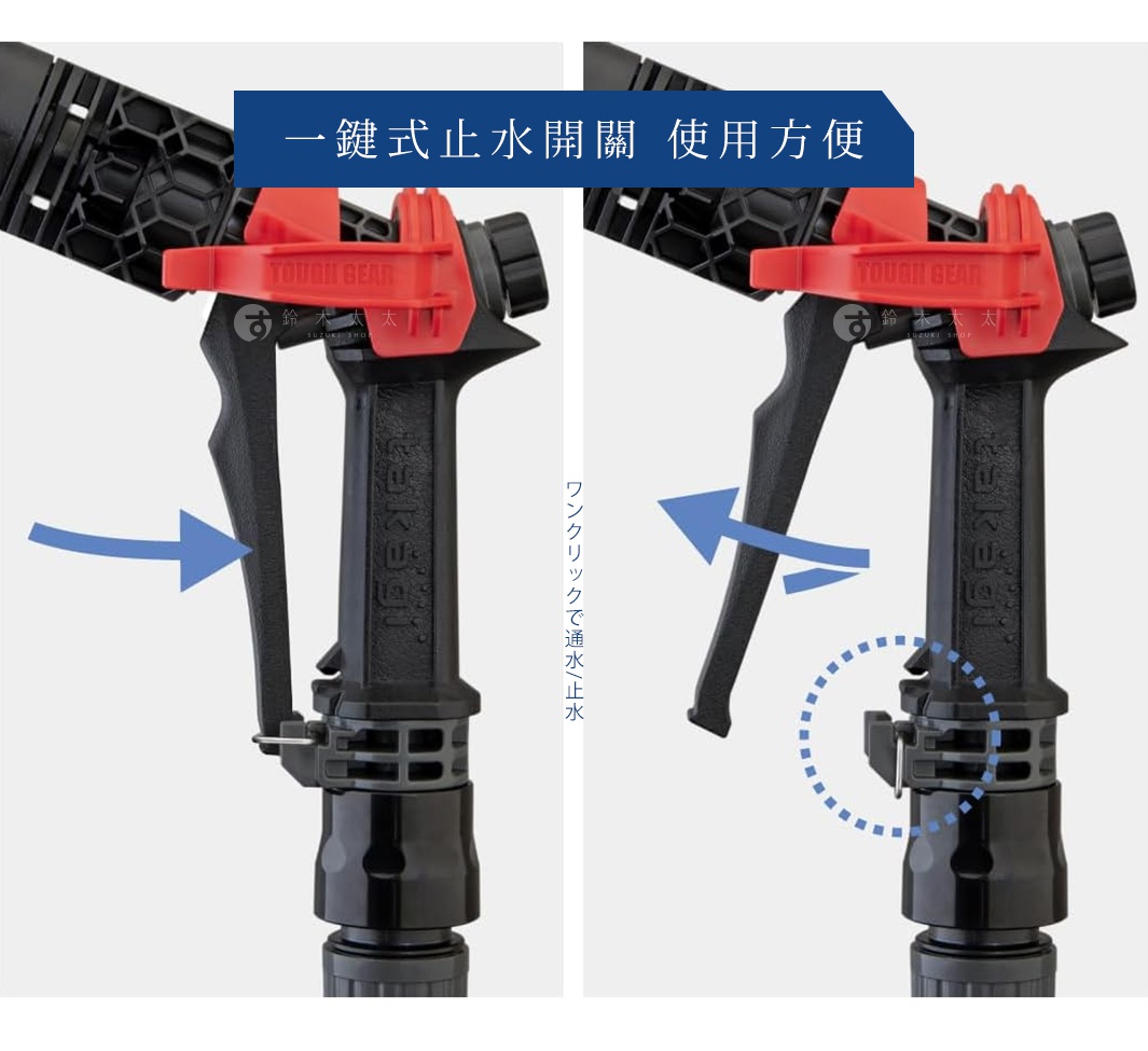takagi Tough Gear 旋噴頭-QG559 示意圖，展示單鍵止水開關的操作方式，方便單手使用