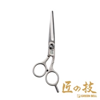 鍛造不鏽鋼理髮平剪刀，銀色金屬材質，帶有兩個圓形指環，刀刃鋒利，中段有品牌標誌。