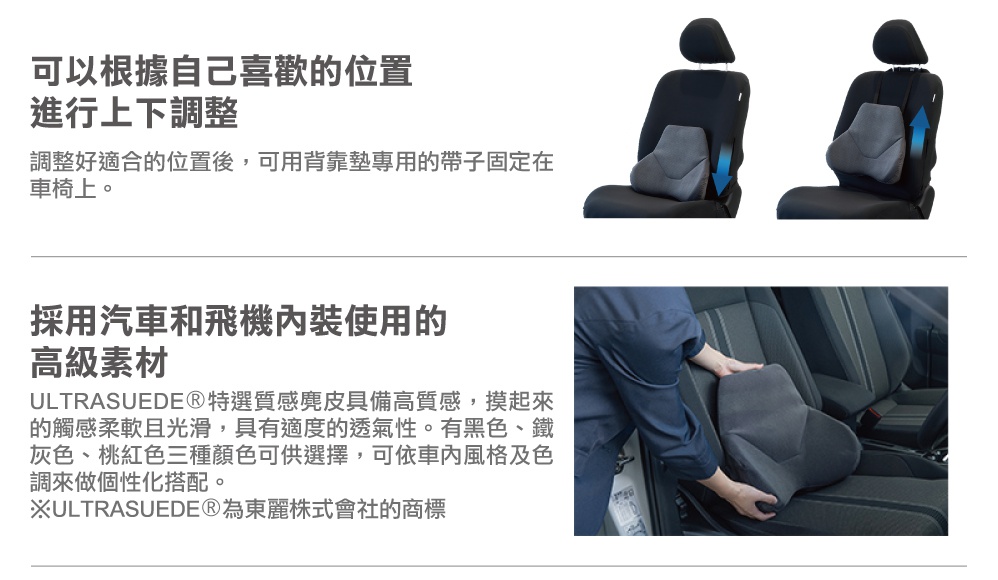 圖片文字：可以根據自己喜歡的位置進行上下調整，調整好適合的位置後，可用背靠墊專用的帶子固定在車椅上。採用汽車和飛機內裝使用的高級素材，ULTRASUEDE特選質感麂皮具備高質感，摸起來的觸感柔軟且光滑，具有適度的透氣性。有黑色、鐵灰色、桃紅色三種顏色可供選擇，可依車內風格及色調來做個性化搭配。ULTRASUEDE為東麗株式會社的商標。