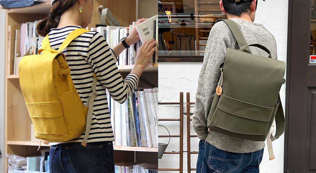 loiter高島帆布前蓋式背包，左圖為亮黃色，右圖為軍綠色，皆為帆布材質，設計簡約，具前置拉鍊袋及側袋。