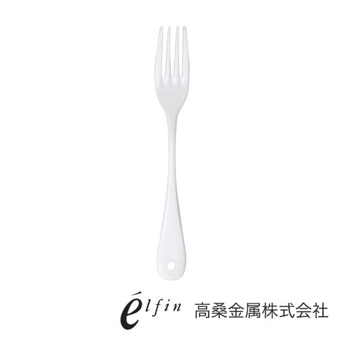 日本製白琺瑯餐叉，四齒，設計簡潔，握柄末端有圓孔，適合懸掛收納。