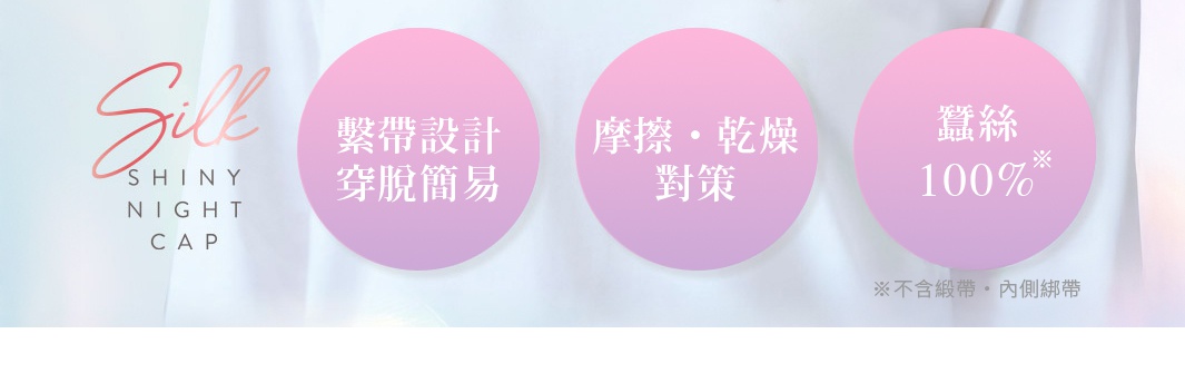 輕奢絲質柔亮美髮晚安睡帽，以柔和的粉紫漸層圓圈展示產品特色：綁帶設計穿脫簡易、減緩摩擦與乾燥，以及100%蠶絲材質。