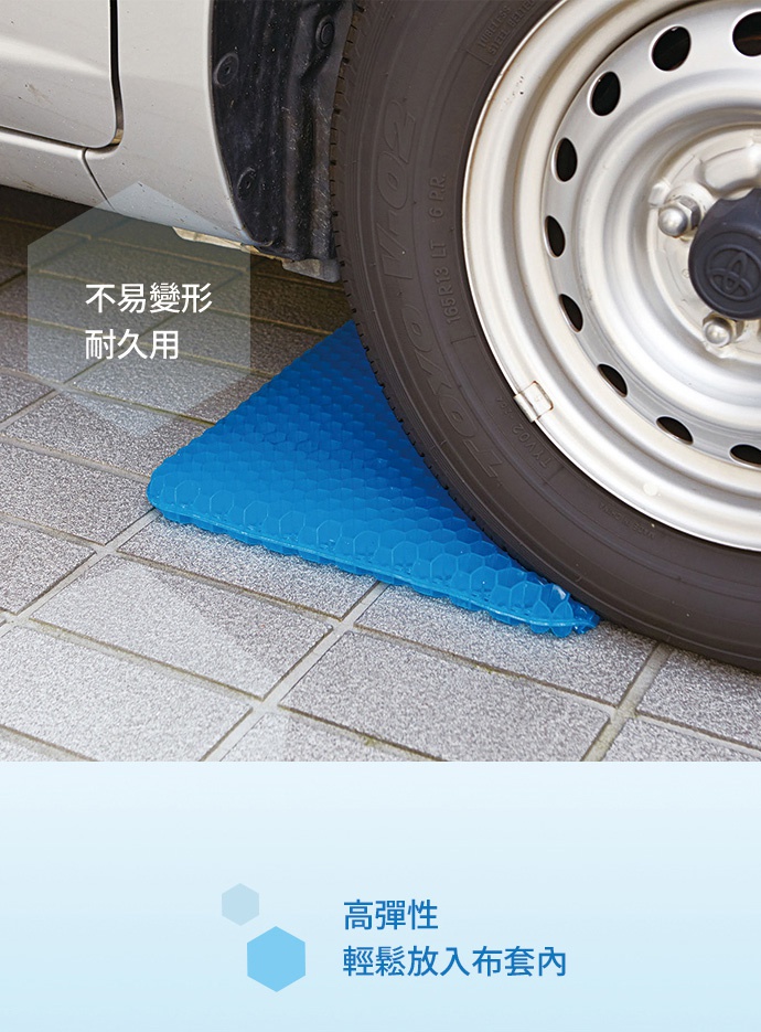 藍色蜂巢式雙層凝膠坐墊，置於汽車輪胎下方，展示其材質與結構。