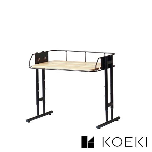 黑色金屬框架搭配淺色木質桌面，可調式單層桌面收納架，設計簡潔，適合各種桌面擺設。