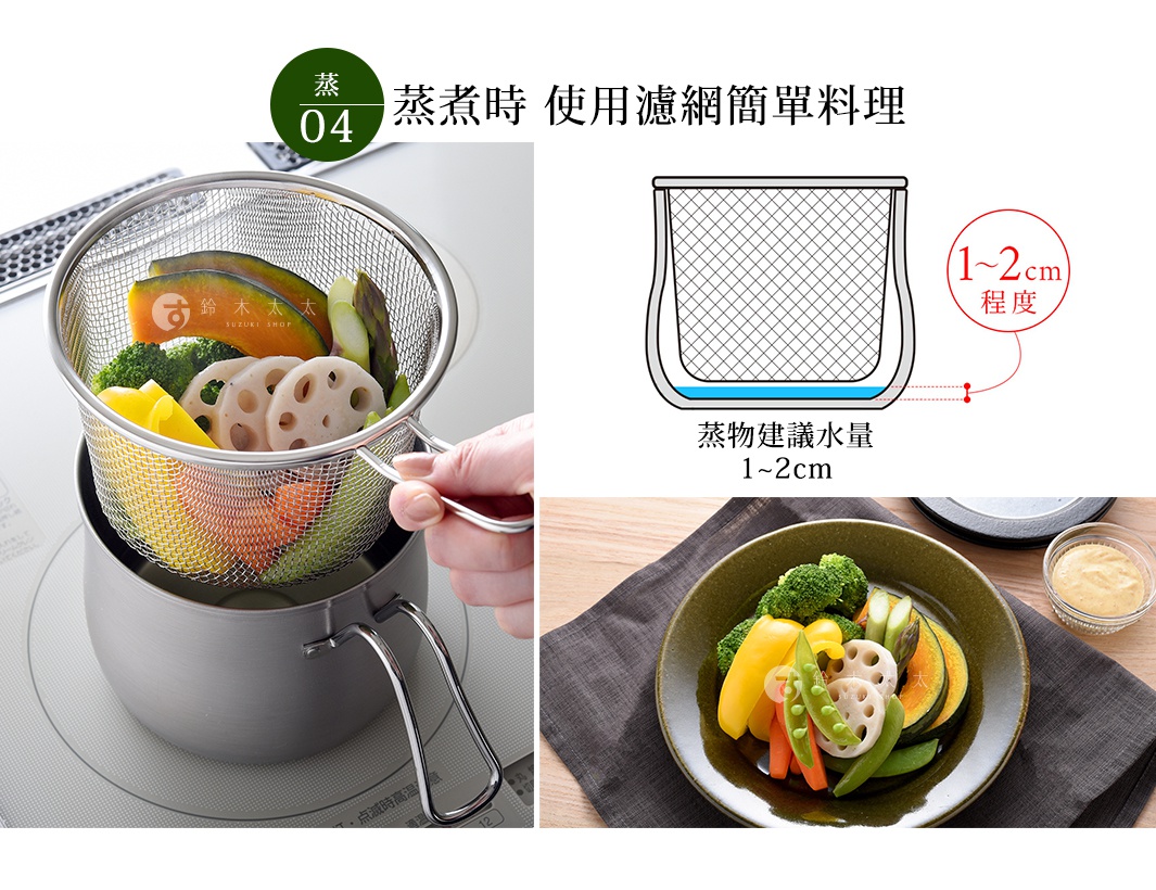 不鏽鋼三合一萬用料理鍋，附有濾網籃，內含蒸煮的南瓜、花椰菜、荷藕、紅蘿蔔、黃甜椒、豌豆莢等什錦蔬菜。另有示意圖顯示蒸煮建議水量為 1-2 公分。