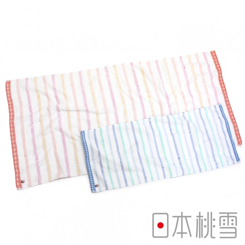 兩條今治毛巾，一條為白色底色搭配粉色、橘色、黃色細條紋，邊緣為紅色小圓點裝飾；另一條為白色底色搭配藍色、綠色、淺藍色細條紋，邊緣為藍色小格子裝飾。