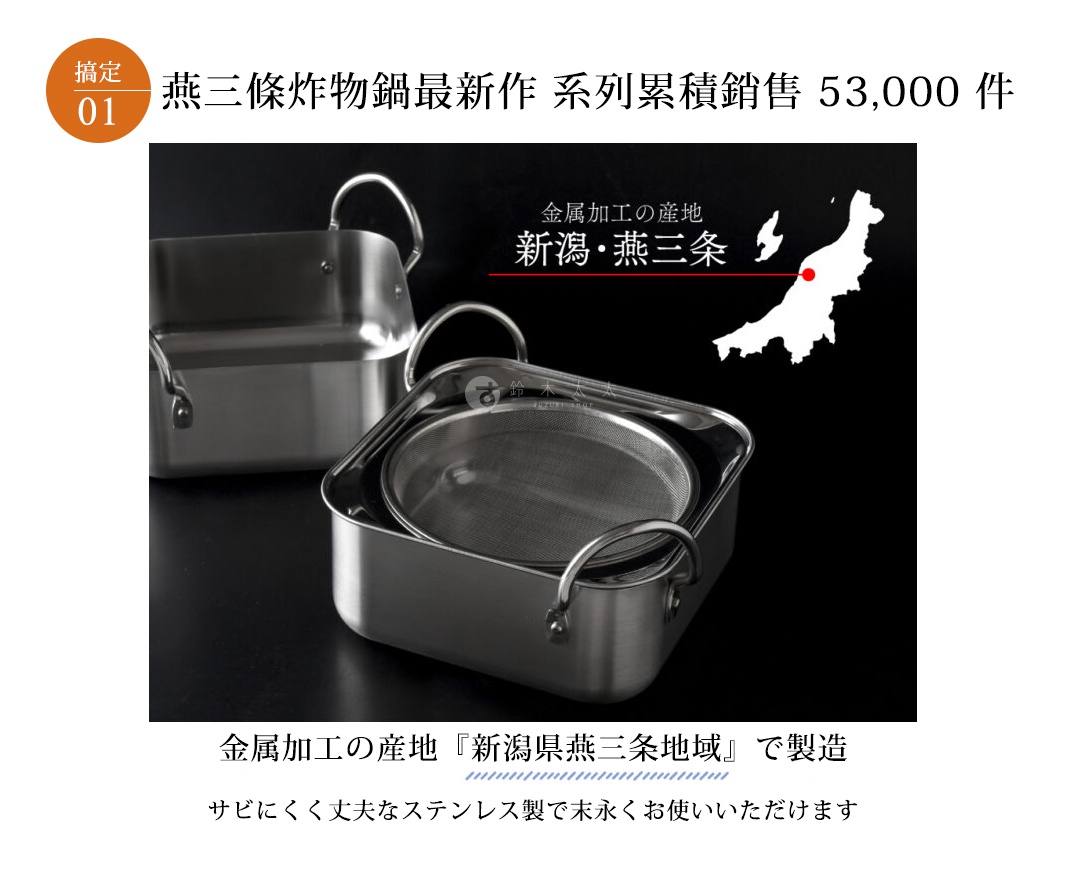 兩個一組的銀色不鏽鋼方型炸物鍋，其中一個鍋內置有濾油網，鍋身兩側皆有提把，背景為黑色。